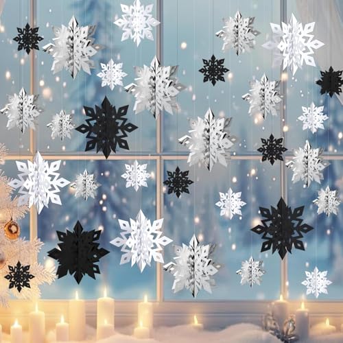 Image of OuMuaMua Christmas Snowflake Decorations Indoor, 24PCS 3D Paper Snowflakes Hanging Ornaments Snowflake Garlands for Xmas Christmas Tree Winter Wonderland New Year Party Home Decorations