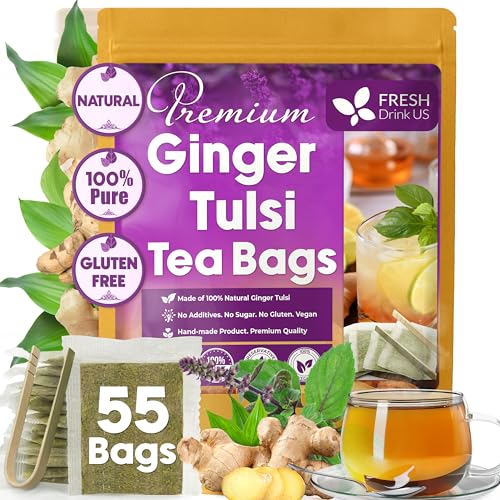 Image of FreshDrinkUS, Premium 55 Ginger Tulsi Tea Bags, 100% Natural, Hand-made Blend of Ginger and Tulsi Holy Basil Leaves, Eco-conscious Tea Bags. Herbal Tea. No Sugar, No Caffeine, Vegan.