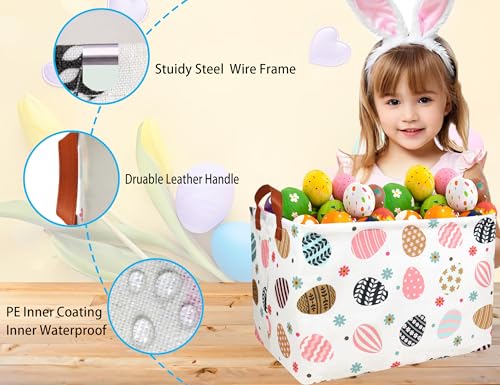 Image of Rectangle Empty Easter Baskets Boy Large Toy Storage Bin Girls collapsible Hamper Waterproof Canvas Box Kid Gifts Spring Decor( Flower Egg )