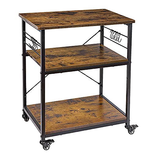 Image of AHB 24" Kitchen Cart with 4 Smooth Wheels and 10 Hooks, 3-Tier Microwave Stand Rolling Bakers Rack Coffee Cart Shelf Organizer for Living Room Decoration