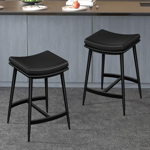 ALFORDSON Bar Stools Set of 2, Counter Stool High Chair with Footrest for Home Kitchen, 2X Barstools 66cm Height PU Leather Backless Countertop Dining Chair, Black