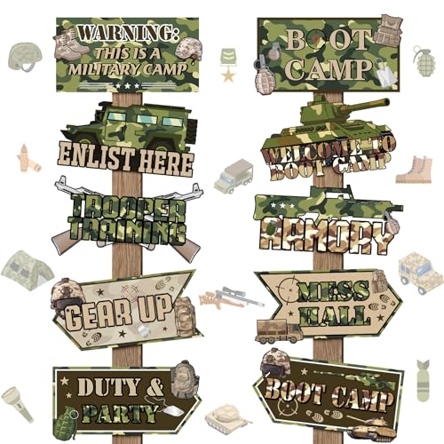Image of Hooqict 20 Pieces Army Party Sign Camouflage Military Birthday Party Decorations Directional Signs for Boys Men Camo Army Retirement Decorations Welcome to Boot Camp Party Supplies