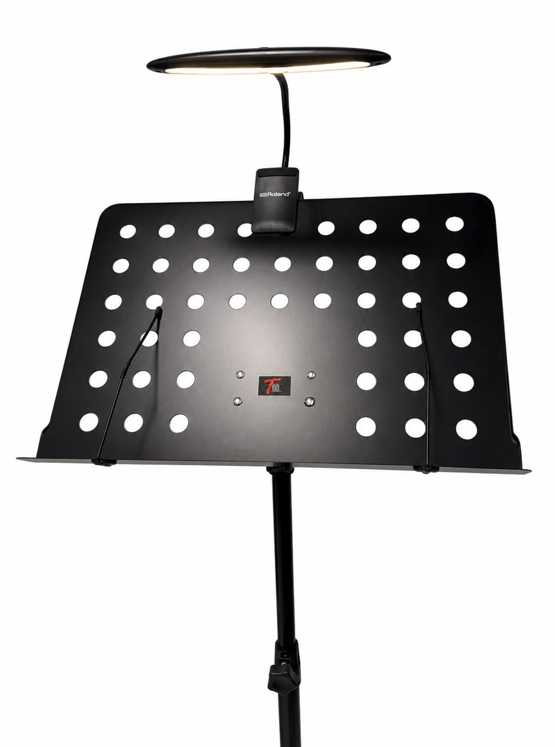 Atril Partituras Profesional Plegable MS-533L con Lampara LED Roland Incluida | Soporte Metálico Ajustable para Músicos, Orquesta | Base Trípode Antideslizante + Clip Light USB