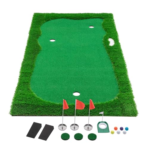 10x5 FT Golf Putting Green, Large Golf Practice Mat w/3 Holes, 3 Flags, Training Aid Cups, Realistic Feel Turf, Professional Training Mat for Indoor Outdoor Home (10x5 FT)