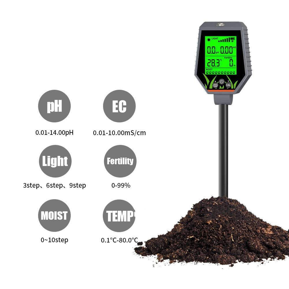 6-In-1-Bodentester, PH-Meter/EC/Lichtintensität/Fruchtbarkeit, Temperatur und Luftfeuchtigkeit, Boden-Obstgarten-Komposttester