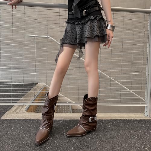 JANSEVEN Women Western Boots Mid Culf Cowgirl Boot Fold Over Casual Boots with Chunky Heel Fashion Slouchy Boot Pull On2