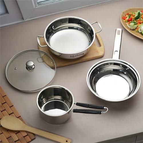 Lifelong 4 piece Stainless Steel cookware Set | 22 cm Kadai & Fry Pan 22 cm with Glass Lid | 14 cm Sauce Pan | Sandwich Bottom | Induction & Gas... - Image 5