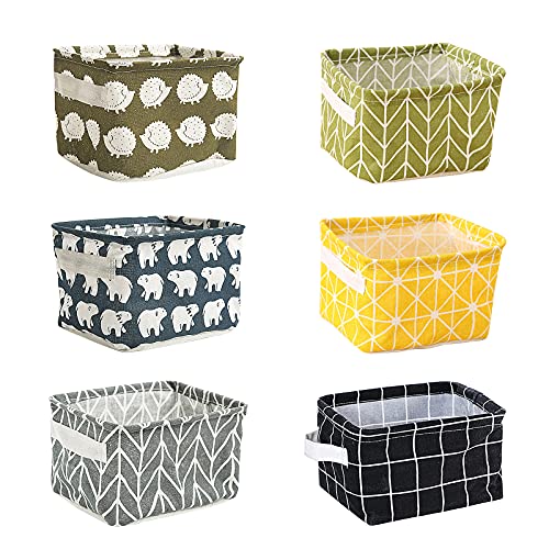 6 Pcs Panier de Rangement en Tissu,Petits Paniers de Rangement Paniers de Rangement Carrés Pliables Rangement Pliable en Lin Avec Poignées Petit Ensemble de Rangement Pliable pour Bureau, Cuisine
