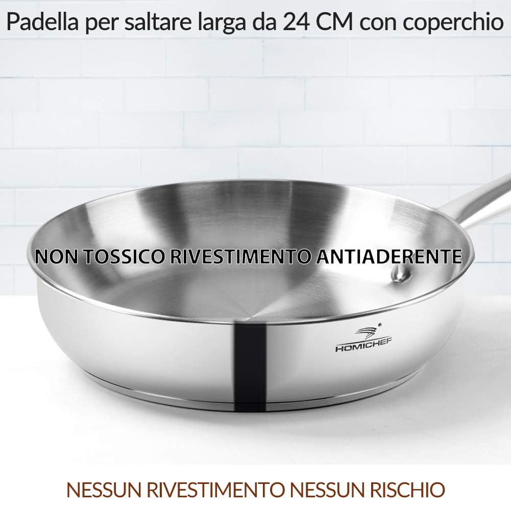 HOMICHEF Set di pentole e padelle in acciaio inox senza nichel, 14 pezzi, atossiche e salutari a induzione