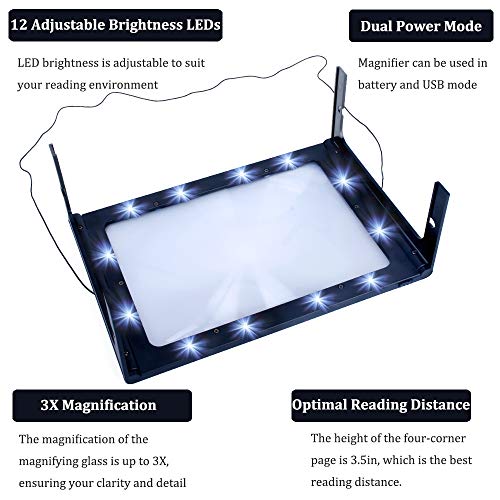 Hands-Free 3X Magnifying Glass Large Full Page Magnifier with LED Lighted, Foldable Desktop Portable Rectangular Reading Magnifier for Low Vision, Seniors with Aging Eyes - Thumbnail 6