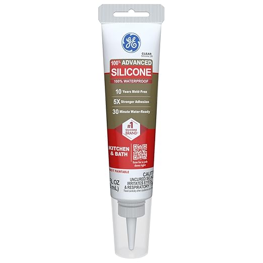 GE Advanced Silicone Caulk for Kitchen & Bathroom, Clear, 2.8 fl oz Tube, 1 Pack - 100% Waterproof Silicone Sealant, 5X Stronger Adhesion, Shrink & Crack Proof