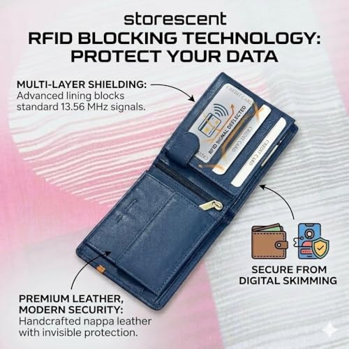 Image of Storescent Premium Genuine Leather Wallet for Men | Men's RFID Blocking Slim Purse | Hand-Stitched Pure Leather Gents Wallet (Blue)