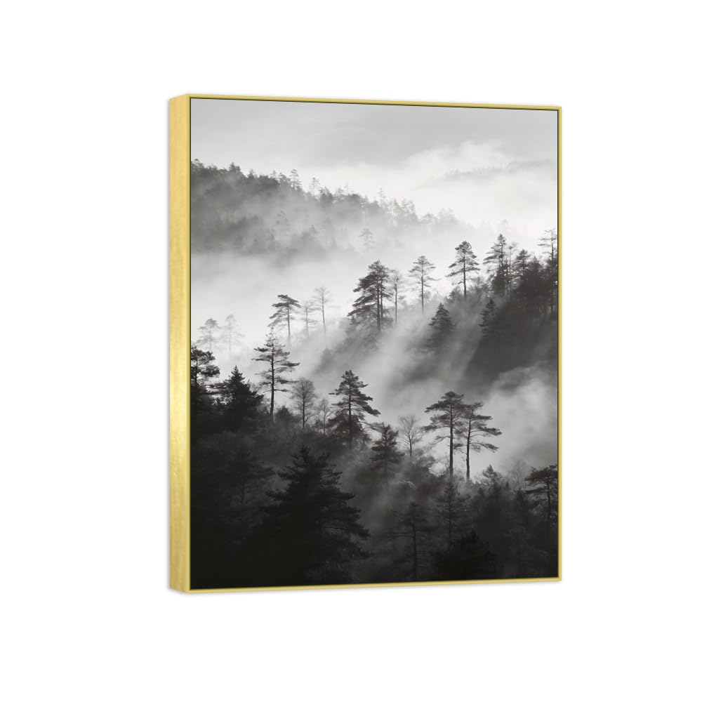 Forest Tree 7 Black White Landscape Canvas Picture 70x90cm Gold Frame