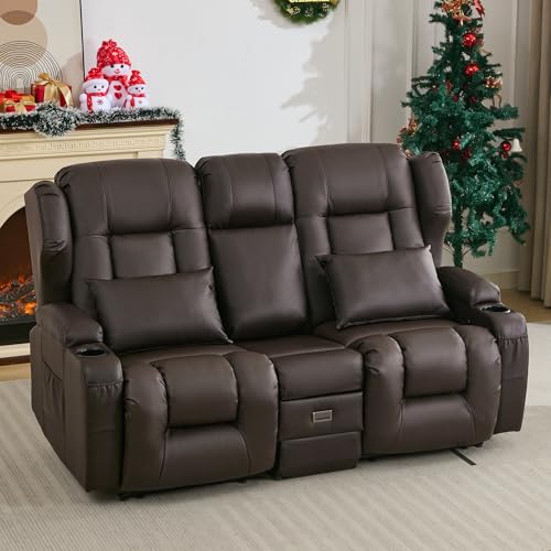 Image of SAMERY 67.6 inch Loveseat Recliner Sofa | Double Recliner Sofa & Console | Wall Hugger Loveseat Reclining RV Theater Seats | RV Couch Home Theater Seating Furniture (Faux Leather Brown)