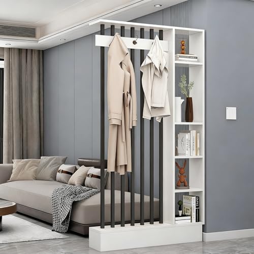 壁面用木製ルームディバイダー(フック・棚付き)、モダンルーム仕切りコートラック、新中式グリル本棚(玄関・リビング用装飾)(White+Black,100cm/39.4in)