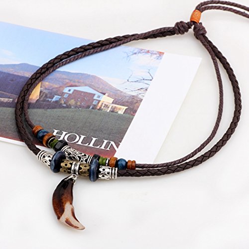 Vintage Style Double Layers Braided Leather Tribal Necklace with Charm Cross and Teeth Pendant2