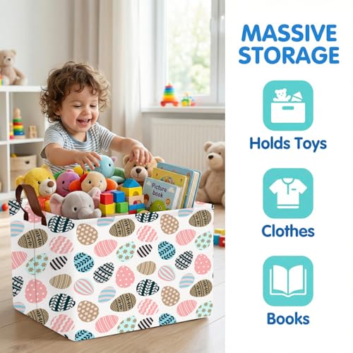 Image of Large Cute Easter Basket for Kid Empty Gift Baby Rectangle Storage Bin Bunny Eggs Boy&Girl Room Decor (Retro Art Easter Egg)