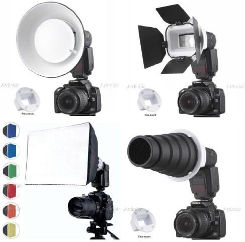 Flash Gun Strobies Flex Mount Modifier, Adapter Kit with Softbox, Diffuser, Beauty Dish Reflector, Snoot, Honeycomb, Barndoor for Canon 580EX II, 580EX, 550EX, 430ez; Sony HVL-F32X, HVL-F58AM; Olympus FL-50R; FL-50; Nikon SB-25; Vivitar 283; Sunpak 730Afpk