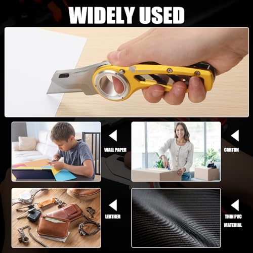 Image of Tondiamo 2 Pcs Folding Pocket Utility Knife Heavy Duty Box Cutter Folding Razor Knife with Anti Slip Finger Loop Easy Change Blades 3 Lock Positions Design (Yellow)