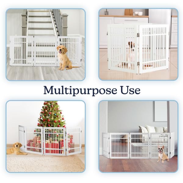 Freestanding Dog Gate - 5-Panel Foldable Indoor Pet Fence - 91x24-Inch Extra Wide Wood Dog Gate for Stairs, Hallways or Doorways by PETMAKER (White)