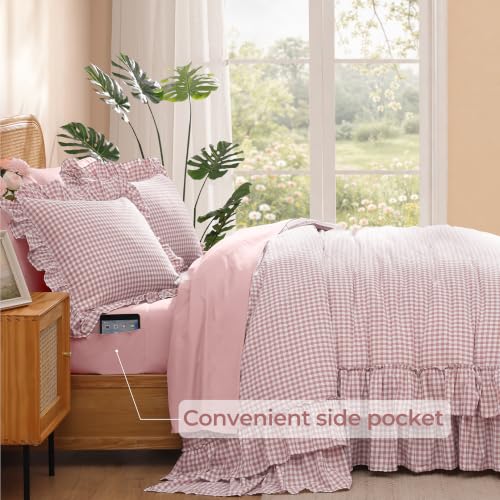 Image of Full Size Comforter Set Pink Gingham Ruffle 7 Pieces Farmhouse Bed in a Bag | Shabby Chic Fluffy Bedding Sets with Sheets, Pillowcases & Shams