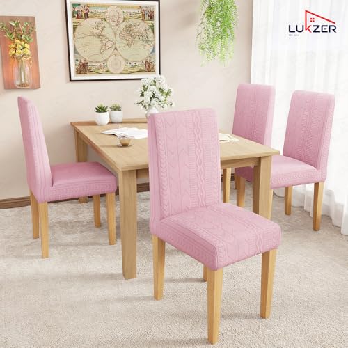 Image of Lukzer Elastic Dining Chair Cover - 2PC Pastel Pink Zigzag | Textured High Stretch Jacquard Seat Cover | Removable Washable Short Dining Chair Cover Protector Seat Slipcover | (CC-078-02)