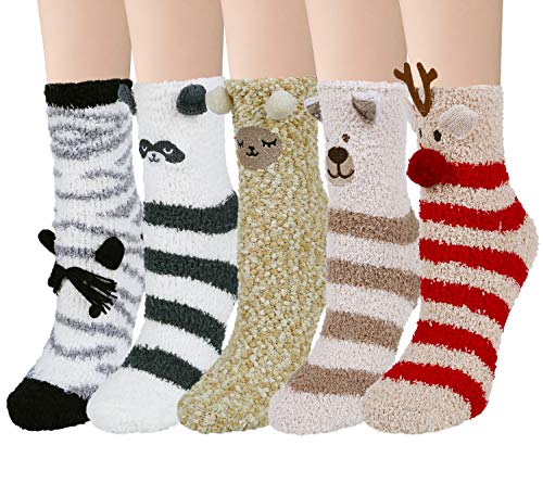 Loritta 5 Pairs Womens Fuzzy Socks Winter Warm Cozy Soft Fluffy Cute Animal Slipper Socks, Mix Color 10(5 Pairs)