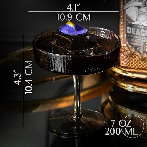 Image of GLASSIQUE CADEAU Vintage Art Deco Smoke Black Coupe Glasses | Set of 4 | 7 oz Ribbed Cocktail Glassware for Drinking Champagne, Martini, Cosmopolitan, Manhattan | Crystal Speakeasy Saucers