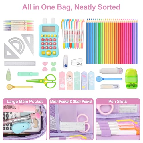 Image of Cute Kids Pencil Case - Girls Pen Pouch Large School Organizer | Pen Bag & Smooth Zipper, Multi-Slot Storage, Mesh Pocket, 900D Water Resistent, Giftable School Supplies, Purple Unicorn