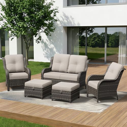 Image of 5 Piece Outdoor Wicker Patio Furniture Set, Patio Chairs Set with Thickened Olefin Cushions, High Back and Deep Seating, Hand-Woven PE Rattan, Ottoman for Porch, Deck