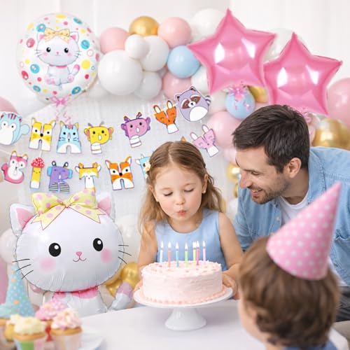 Image of Rozi Decoration Cute Cat Theme Birthday Decoration Kit for Kids | Animal Alphabet Happy Birthday Banner with Cat Foil Balloons, Pastel & Chrome Balloons | Pack of 47 Pieces