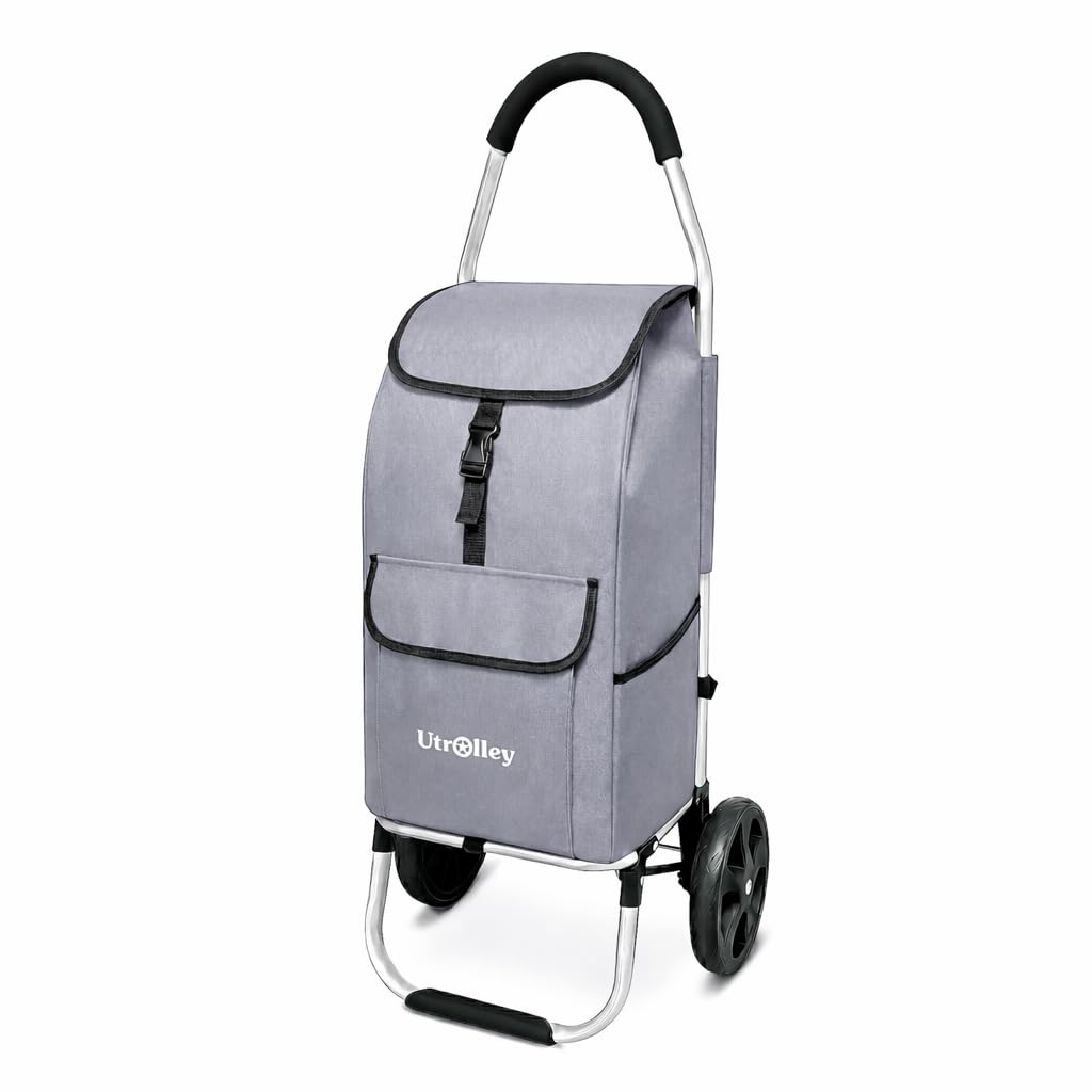 Ultra-Lightweight Gray Foldable Shopping Cart for Groceries Large 42L Capacity Rubber Wheels, Removable Insulated Bag Liner, Durable Aluminum Frame, Multi-Function Personal Hand Truck