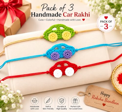 Image of Handmade Crochet Car Rakhi for Kids | Pack of 3 | Soft Cotton Yarn | Adjustable Thread | Skin Friendly | Reusable Bracelet for Raksha Bandhan Gift