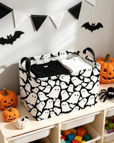 Image of Essme Rectangular Halloween Basket,Ghost Storage Bins Organizer with Handles for Room Decor, Gift Basket.(Black Cute Ghost)