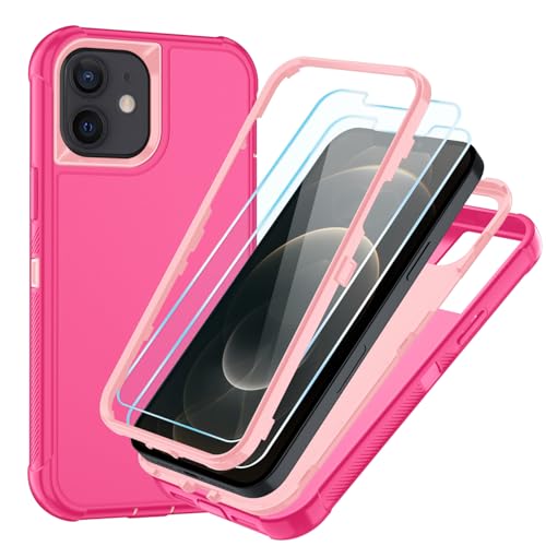 Image of SunStory Compatible with iPhone 12 /12 Pro Case with HD Screen Protector, 3-Layer Heavy Duty Full-Body Cover,3 in 1 Hybrid Protective Case for iPhone 12 /12 Pro 6.1 inch,PinkRed