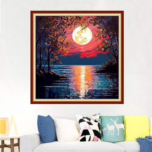 Image of Foxdiviy Stamped Cross Stitch Kits Full Range of Embroidery Needlework Starter Kits for Beginners Adults 11CT Embroidery Patterns Art Crafts DIY Needlepoint Kits-Moonlight Scenery 18x18 inch