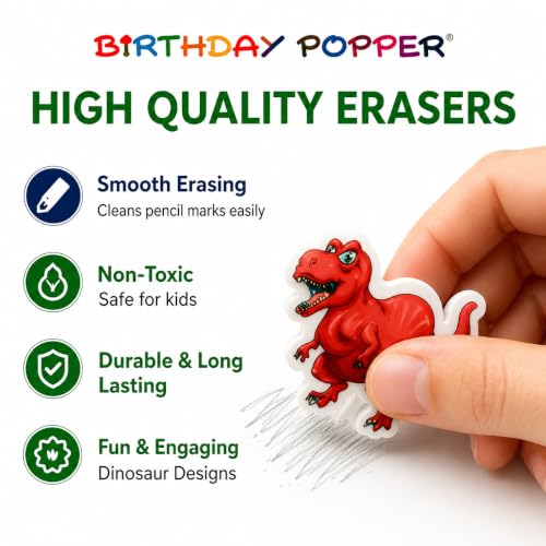 Image of Birthday Popper Birthday Return Gift for Kids Dino Erasers, 36 Pcs | 5 mm thick erasers; assorted cartoon dinosaur shapes; suitable for classroom rewards, stationery and school supplies
