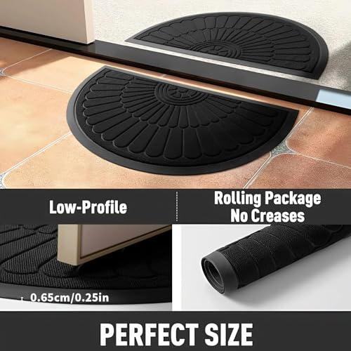Image of Semicircular Durable Rubber Non Slip Front Door Mat for Outside Inside Entry Entryway | Dirt Trapper Welcome Mat for Muddy Paws and Shoes, Grey, 45x75 cm