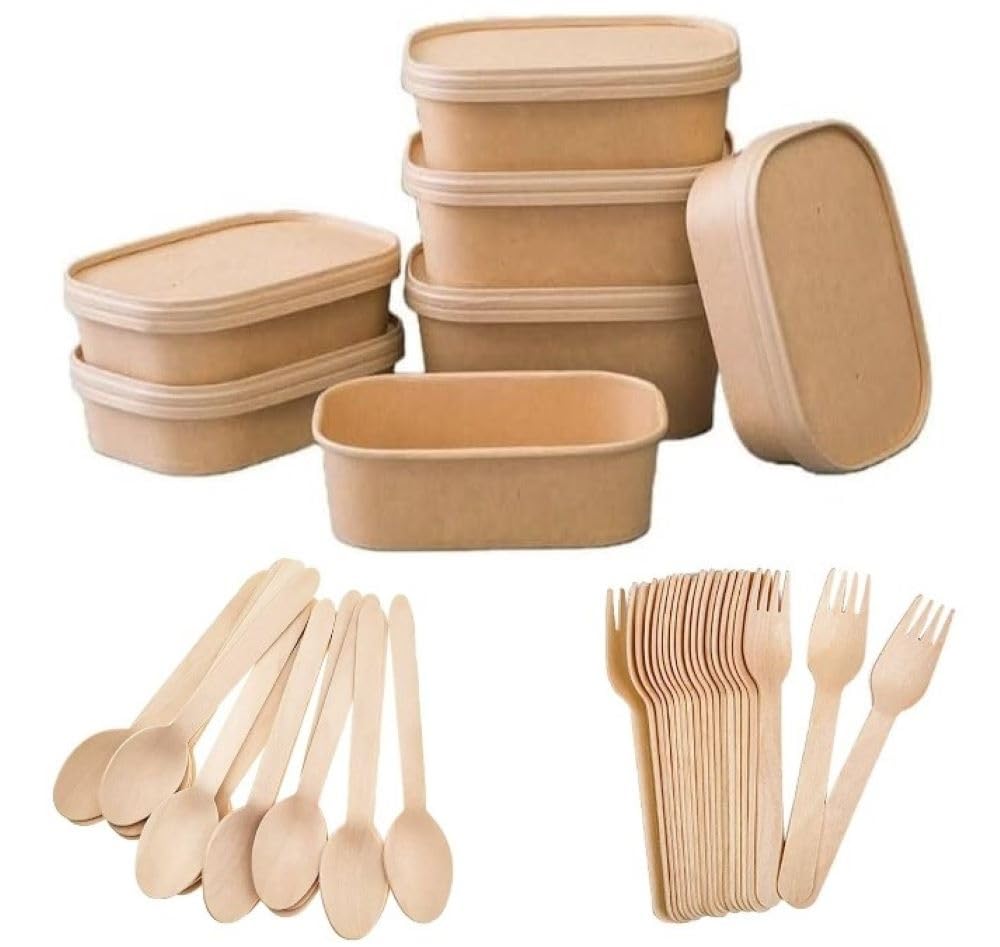 HOT BARGAINS 100 X 750ml Kraft Paper Disposable Container & Paper Lids With 100 Fork & 100 Spoon, (750ml)