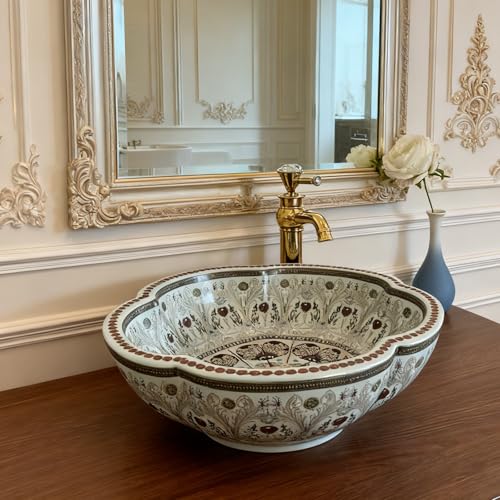 1 ensemble complet Art vasque lavabo de salle de bain en céramique bleu clair avec motif floral, robinetterie dorée et bonde escamotable pour plan de toilette