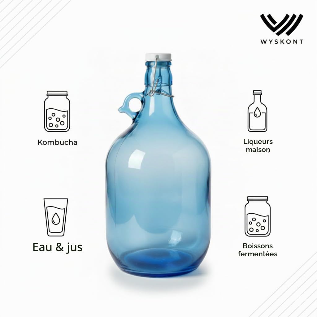 Bouteille en verre ronde en forme de ballon - Bleu/bleu mer - Bouteille en verre de 5 litres avec poignée et bouchon à étrier - 1 pièce (bleu mer 5 l, 1 pièce)