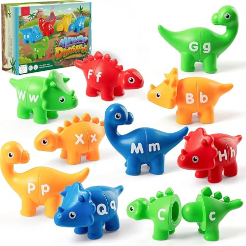 Brinquedos de dinossauros para crianças de 3 a 5 anos, 26 peças, jogos de aprendizagem do alfabeto e brinquedos educativos Montessori para pré-escola, quebra-cabeças ABC maiúsculas e minúsculas.