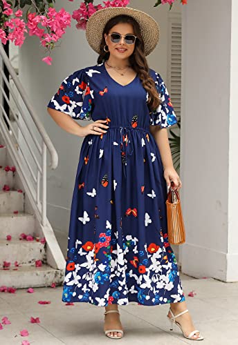 Image of Nemidor Womens Plus Size Maxi Dress Summer Boho Sundress Floral Print Flared Casual Long Dresses with Pocket