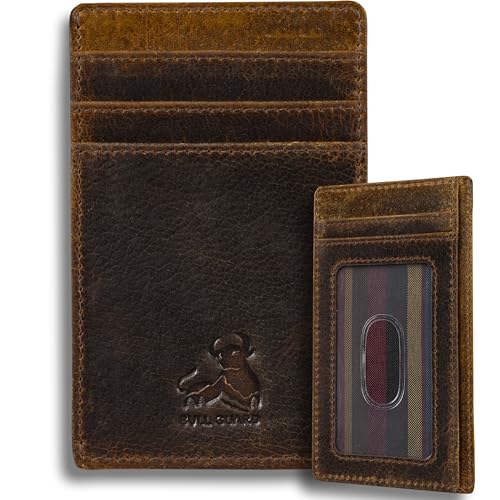 Slim Card Holder Wallet for Men with RFID Blocking, Thin Pocket Sized Carry Case with ID Window, Cash Pocket, Minimalist Design in Full Grain Leather, Ideal for Outdoors, Work or Travel Adventure