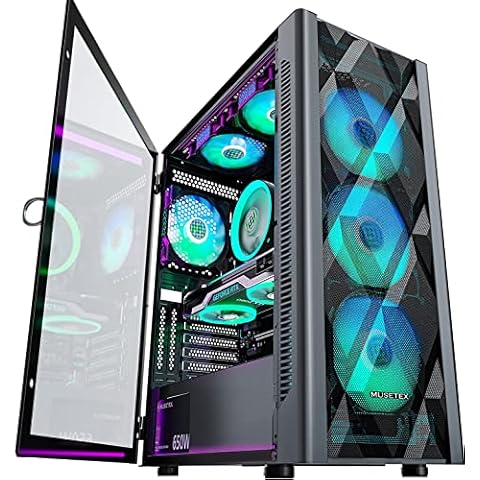 MUSETEX ATX PC Case Pre-Install 6 PWM ARGB Fans, Polygonal Mesh Computer Gaming Case, Opening Tempered Glass Side Panel Mid-Tower Case, USB 3.0 x 2, Black, NN8 Cover