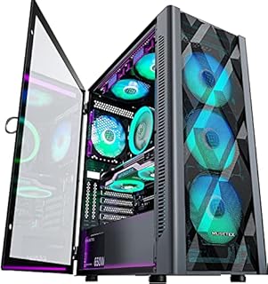 MUSETEX ATX PC Case Pre-Install 6 PWM ARGB Fans, Polygonal Mesh Computer Gaming Case, Opening Tempered Glass Side Panel Mid-Tower Case, USB 3.0 x 2, Black, NN8