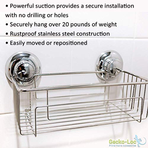 Gecko-Loc Suction Cup Shower Caddy Bath Organizer - Bathroom Storage Basket (Silver, Deep)