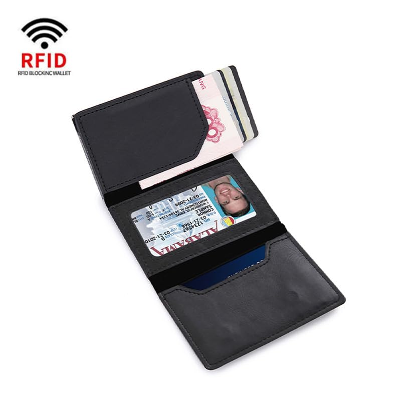 Image of Mens Pop Up Wallet for AirTag: Premium Genuine Leather, RFID Blocking, Smart, Minimalist, 9-14 Card Capacity, ID Window, Cash Slot (Black)