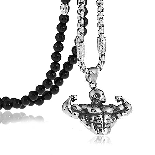 BLEUM CADE Muscle Men Sport Gym Fitness Bodybuilding Pendant Necklaces with Black Agate Chain 27inches