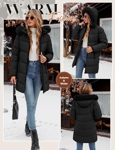 Tuopuda Winterjacke Damen Lang Wintermäntel Damen Warm Winter Slim Fit Jacke Mantel Fleece Gefüttert Daunenmantel Parka Steppmantel Winterparka Outdoorjacke mit Kapuze Übergangsjacke, Schwarz, XL